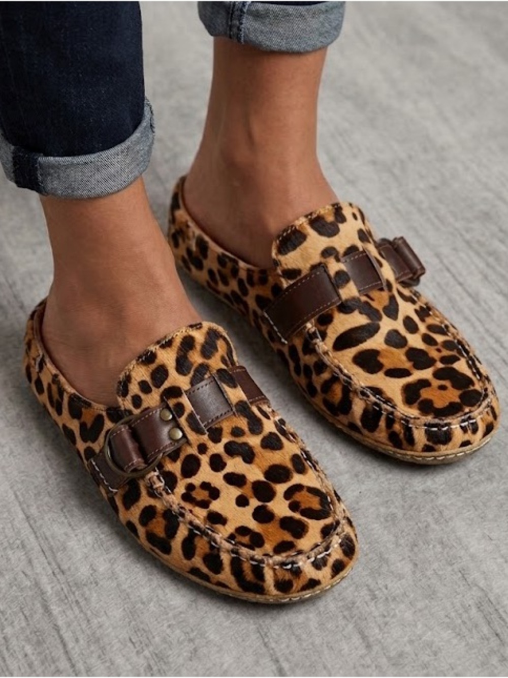 Quoddy Women’s Size 9 Calf Hair Leopard Mules Clogs Buckle Brazil Animal Print